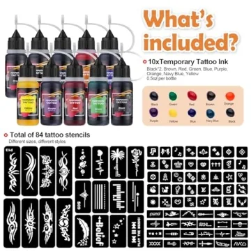 ANTIKE Temporary Tattoo Kit - 10 Inks & 84 Stencils