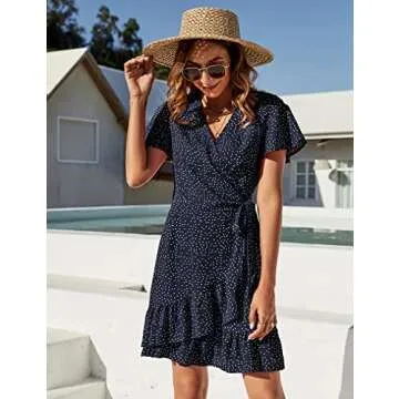 Womens Summer Polka Dot V Neck Wrap Dresses Ruffle Hem Beach Mini Dress Navy Blue XL