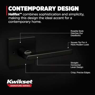 Kwikset Halifax Interior Privacy Door Handle with Lock, Door Lever For Bathroom and Bedroom, Matte Black Reversible Keyless Push Button Lock Door Lever, with Microban Protection, Square Rose