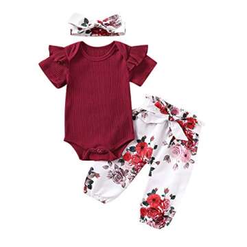 Newborn Baby Girl Clothes Infant Short Sleeve Solid Ribbed Bodysuits Romper Floral Long Pants Outfit...