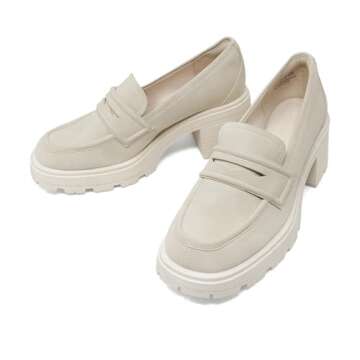 JENN ARDOR Chunky Block Heel Loafers for Women Closed Round Toe Platform Pumps Slip On Dress Shoes Wedding Party Office Lady Shoes, Beige-Suede, 8