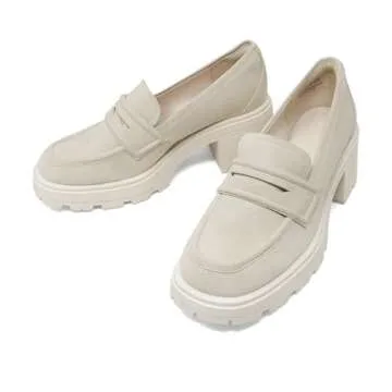 JENN ARDOR Chunky Block Heel Loafers for Women Closed Round Toe Platform Pumps Slip On Dress Shoes Wedding Party Office Lady Shoes, Beige-Suede, 8