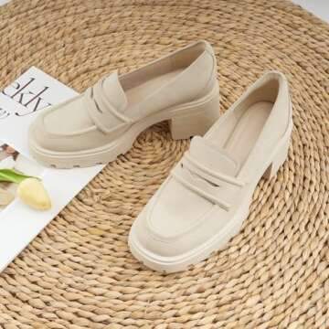 JENN ARDOR Chunky Block Heel Loafers for Women Closed Round Toe Platform Pumps Slip On Dress Shoes Wedding Party Office Lady Shoes, Beige-Suede, 8