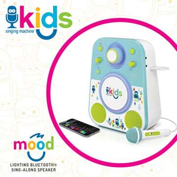 Singing Machine Kids SMK250BG Mood LED Glowing Bluetooth Sing-Along Speaker with Wired Youth Microphone Doubles as a Night Light, Blue/Green