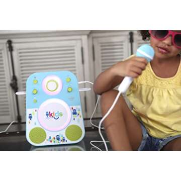 Singing Machine Kids SMK250BG Mood LED Glowing Bluetooth Sing-Along Speaker with Wired Youth Microphone Doubles as a Night Light, Blue/Green