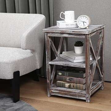 MyGift 24 Inch Tall End Table, Rustic Torched Solid Wood Living Room Accent Side Table with 3 Tier D...