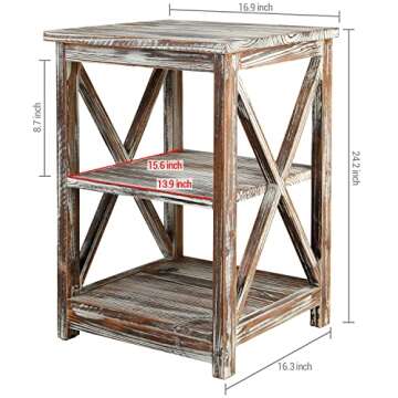 MyGift 24 Inch Tall End Table, Rustic Torched Solid Wood Living Room Accent Side Table with 3 Tier Display Shelf, Wooden X Design Bedroom Nightstand Square Storage Shelves