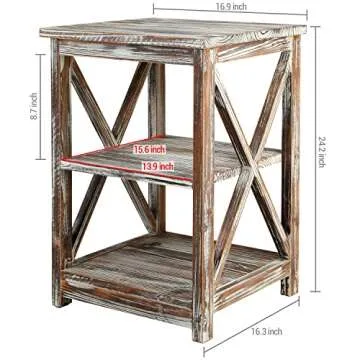 MyGift 24 Inch Tall End Table, Rustic Torched Solid Wood Living Room Accent Side Table with 3 Tier Display Shelf, Wooden X Design Bedroom Nightstand Square Storage Shelves