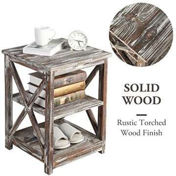 MyGift 24 Inch Tall End Table, Rustic Torched Solid Wood Living Room Accent Side Table with 3 Tier Display Shelf, Wooden X Design Bedroom Nightstand Square Storage Shelves