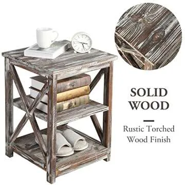 MyGift 24 Inch Tall End Table, Rustic Torched Solid Wood Living Room Accent Side Table with 3 Tier Display Shelf, Wooden X Design Bedroom Nightstand Square Storage Shelves