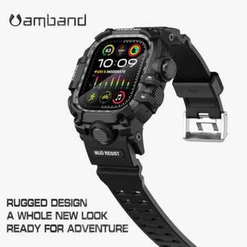 amBand Rugged Cover for Apple Watch Ultra 49mm - Matte Black Military Sport Strap with Protector