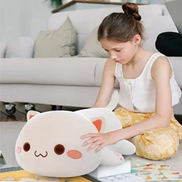 FUYU Cat Stuffed Animals, Soft Cat Plush Pillow Kawaii Kitten Stuffed Animal Toy Gifts for Kids Boys Girls Room Decor (White Round Eyes,15in/37cm)