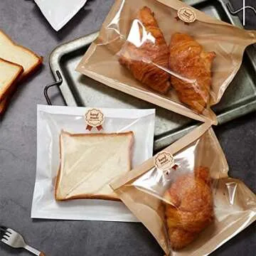 Nanaiche Kraft Bread Bag Bakery Bags with Window Toast bag Toast Paper Bag Kraft Bread Bag with Front Window Label Seal Sticker Packaging Paper Bag (100 Pieces) (7.1 * 7.5 inches)