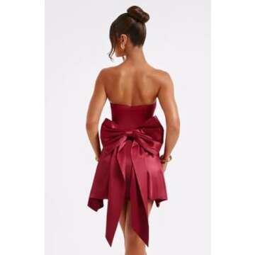 PUXIU Burgundy Strapless A Line Christmas Party Dress Dress with Bow on Back Satin Backless Mini Sho...