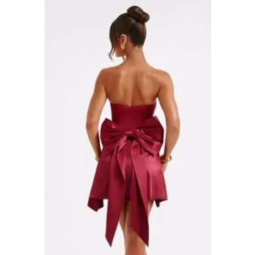PUXIU Burgundy Strapless A Line Christmas Party Dress Dress with Bow on Back Satin Backless Mini Sho...