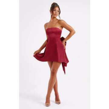 PUXIU Burgundy Strapless A Line Christmas Party Dress Dress with Bow on Back Satin Backless Mini Short Homecoming Dress US0