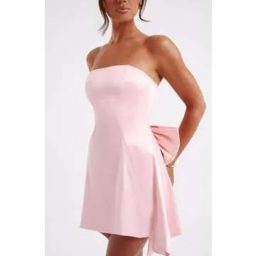 PUXIU Burgundy Strapless A Line Christmas Party Dress Dress with Bow on Back Satin Backless Mini Short Homecoming Dress US0