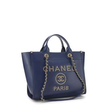 Chanel, Pre-Loved Blue Caviar Studded Deauville Shopper Small, Blue