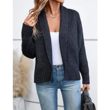 Yingkis Women's Cardigan Sweaters Fall Winter Open Front Batwing Long Sleeve Shawl Neck Chunky Knit Loose Outwear Coats,Navy Blue 2XL