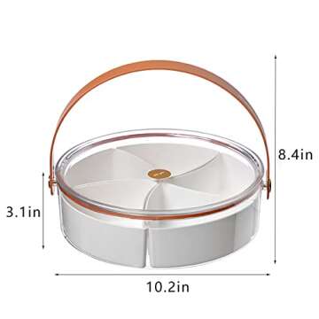 Clear Divided Serving Tray with Lid & Handle, Portable Round Plastic Veggie Tray, Platter Food Storage Container Box for Candy, Appetizer, Snack, Dried Fruit, Nuts, Vegetable, Party