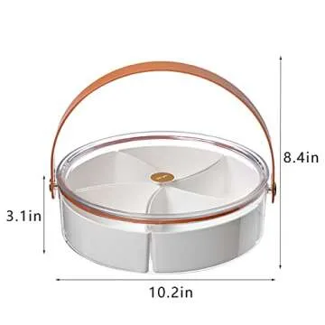 Clear Divided Serving Tray with Lid & Handle, Portable Round Plastic Veggie Tray, Platter Food Storage Container Box for Candy, Appetizer, Snack, Dried Fruit, Nuts, Vegetable, Party