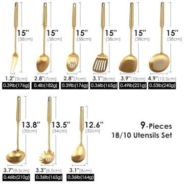 Gold Kitchen Utensils Set - 18/10 Stainless Steel Cooking Tools, 15" All Metal Serving Utensils with...