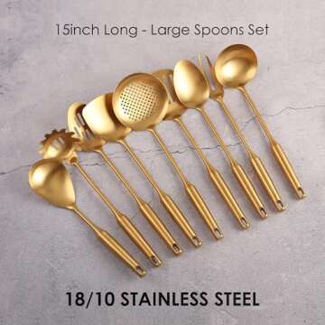 Gold Kitchen Utensils Set - 18/10 Stainless Steel Cooking Tools, 15" All Metal Serving Utensils with Fork, Solid/Slotted Spoon, Spatula, Ladle, Skimmer, Tunner, Pasta Spoon, Large Spoon, Set of 9