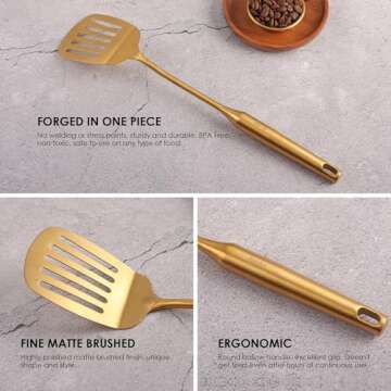 Gold Kitchen Utensils Set - 18/10 Stainless Steel Cooking Tools, 15" All Metal Serving Utensils with Fork, Solid/Slotted Spoon, Spatula, Ladle, Skimmer, Tunner, Pasta Spoon, Large Spoon, Set of 9