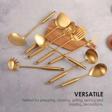 Gold Kitchen Utensils Set - 18/10 Stainless Steel Cooking Tools, 15" All Metal Serving Utensils with Fork, Solid/Slotted Spoon, Spatula, Ladle, Skimmer, Tunner, Pasta Spoon, Large Spoon, Set of 9