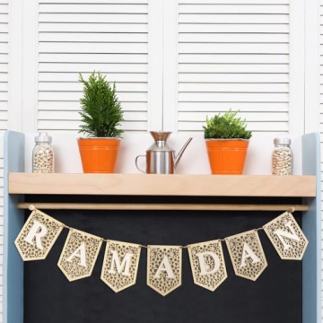flangairy Ramadan Banner Decorations for Home 2025 White Eid Mubarak Wooden Sign Ramadan Kareem Wood Garland Islamic Muslim Mosque Door Fireplace Decor Ramadan Gifts