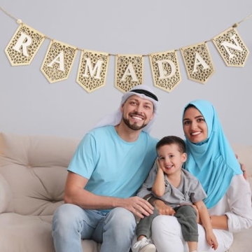 flangairy Ramadan Banner Decorations for Home 2025 White Eid Mubarak Wooden Sign Ramadan Kareem Wood Garland Islamic Muslim Mosque Door Fireplace Decor Ramadan Gifts
