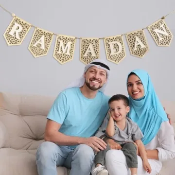 flangairy Ramadan Banner Decorations for Home 2025 White Eid Mubarak Wooden Sign Ramadan Kareem Wood Garland Islamic Muslim Mosque Door Fireplace Decor Ramadan Gifts