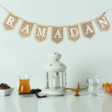 flangairy Ramadan Banner Decorations for Home 2025 White Eid Mubarak Wooden Sign Ramadan Kareem Wood Garland Islamic Muslim Mosque Door Fireplace Decor Ramadan Gifts
