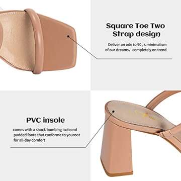 Athlefit Nude Heels for Women Square Open Toe Two Strap Heeled Sandals Slip On Block Chunky Heels Sandals Size 8.5