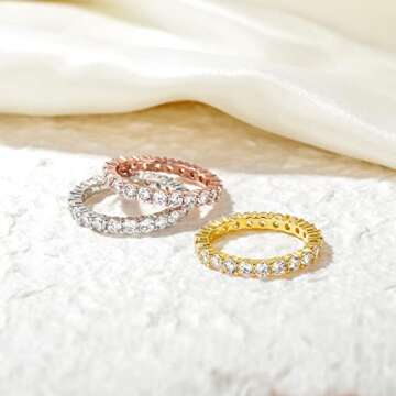 EAMTI 3mm 925 Sterling Silver Wedding Band Round Cubic Zirconia Full Eternity Stackable Engagement Ring for Women Size 3-13