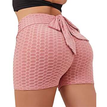 Bowknot Butt Lift Short Leggings for Women High Waisted Workout Running Hot Pants Textured Ruched Scrunch Sexy Shorts (Light Pink,Small)