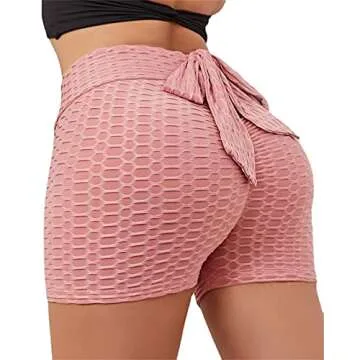 Bowknot Butt Lift Short Leggings for Women High Waisted Workout Running Hot Pants Textured Ruched Scrunch Sexy Shorts (Light Pink,Small)