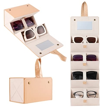 Muf Travel Sunglass Organizer, 4-Slot Leather Case for Multiple Sunglasses, with Mirror & Strap, Sto...