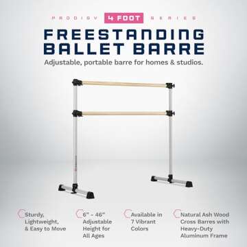 VITA Barre Portable Freestanding Double Ballet Barre, Prodigy, 4 Ft Bars, Satin Silver | Adjustable ...