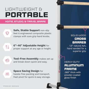 VITA Barre Portable Freestanding Double Ballet Barre, Prodigy, 4 Ft Bars, Satin Silver | Adjustable Height, USA Made, Home or Gym Exercise Equipment for Kids & Adults | Dance, Fitness, Pilates