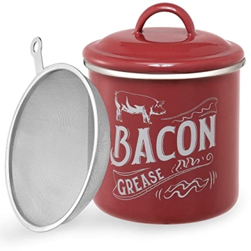 1.3L Bacon Grease Saver Container with Fine Strainer - Red Enamel & Stainless Steel Oil Keeper Can f...
