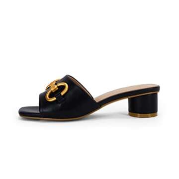 Coutgo Women's Slide Sandals Square Open Toe Slip on Comfortable Mules Block Low Heel Metal Chain Dressy Shoes,Black,Size 7.5