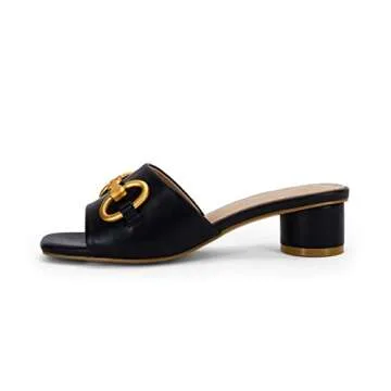 Coutgo Women's Slide Sandals Square Open Toe Slip on Comfortable Mules Block Low Heel Metal Chain Dressy Shoes,Black,Size 7.5