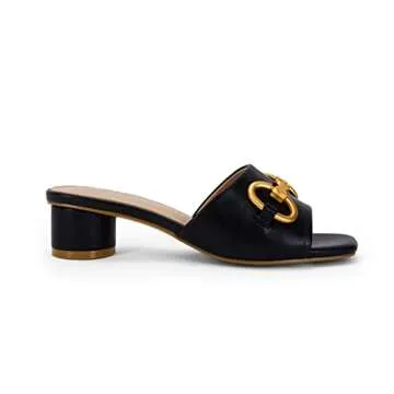 Coutgo Women's Slide Sandals Square Open Toe Slip on Comfortable Mules Block Low Heel Metal Chain Dressy Shoes,Black,Size 7.5