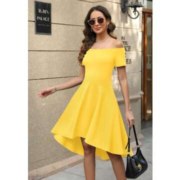 Sarin Mathews Women Off The Shoulder Short Sleeve High Low Cocktail Skater Dress Yellow M