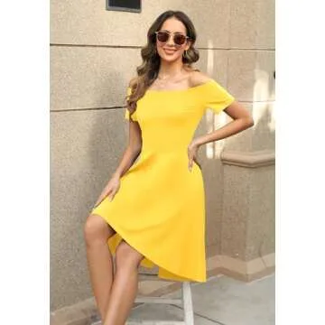 Sarin Mathews Women Off The Shoulder Short Sleeve High Low Cocktail Skater Dress Yellow M