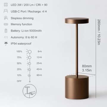 Cordless Table Lamp Rechargeable, Outdoor Portable Battery Operated LED Light, IP54, 3 Color Dimmable, for Home Restaurant Outside Dining Bar Patio Kitchen Party Cocktail (2 Pack Mocha)