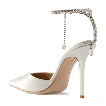 LauraVicci Women's Heeled Sandals Crystal Chain Ankle Straps Rhinestones Buckle High Heels Stiletto Slip On Wedding Party Satin Dress Shoes Size 8 White