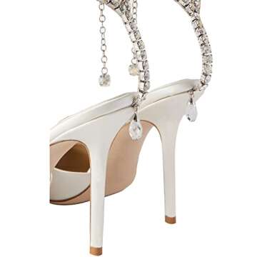 LauraVicci Women's Heeled Sandals Crystal Chain Ankle Straps Rhinestones Buckle High Heels Stiletto Slip On Wedding Party Satin Dress Shoes Size 8 White