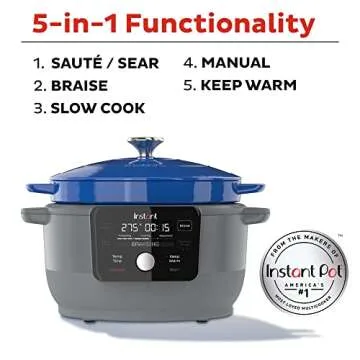 Instant Electric Round Dutch Oven, 6-Quart 1500W, From the Makers of Instant Pot, 5-in-1: Braise, Slow Cook, Sear/Sauté, Cooking Pan, Food Warmer, Enameled Cast Iron, Included Recipe Book, Blue
